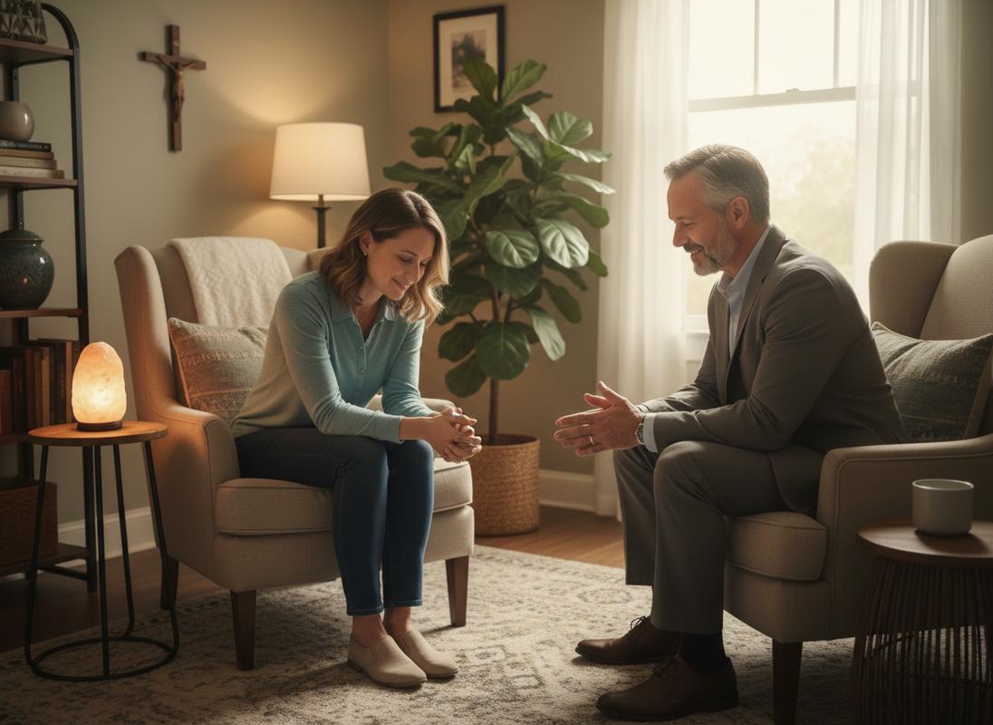 A warm, sunlit counseling office with two comfortable chairs and an open Bible