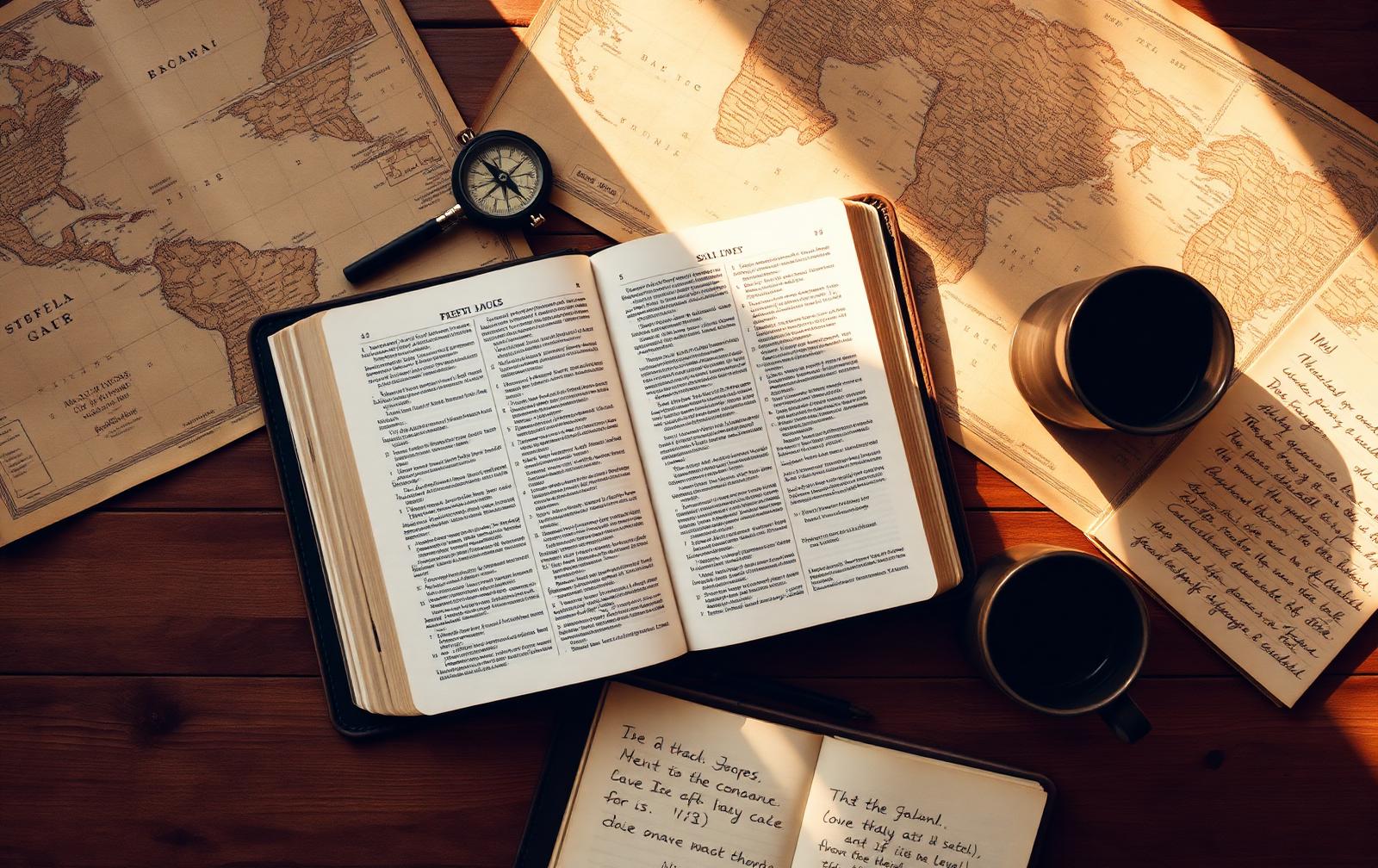 An open Bible resting on a vintage world map with a compass and journal